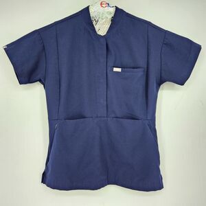 Figs Scrub Top Womens Small Snap Button Healthcare Nurses Uniforms Navy Blue